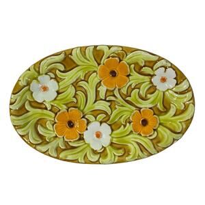 Vintage Raised Golden Floral Poppies Oval Candy Trinket Dish